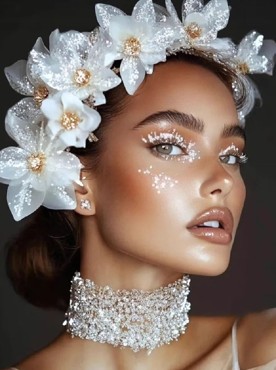 Русский промпт: Photo of a beautiful African-American woman with dark skin, wearing a white flower crown adorned with white flowers, a silver choker with sparkling rhinestones, and full lips. Her eyes are heavily lined with shimmering silver eyeliner, and her eyebrows are groomed and filled in. She has a serene expression and is looking directly at the camera. The background is a soft, muted grey. The lighting is soft and natural, highlighting her delicate features. The overall aesthetic is elegant and sophisticated. | Original prompt: Photo of a beautiful African-American woman with dark skin, wearing a white flower crown adorned with white flowers, a silver choker with sparkling rhinestones, and full lips. Her eyes are heavily lined with shimmering silver eyeliner, and her eyebrows are groomed and filled in. She has a serene expression and is looking directly at the camera. The background is a soft, muted grey. The lighting is soft and natural, highlighting her delicate features. The overall aesthetic is elegant and sophisticated.