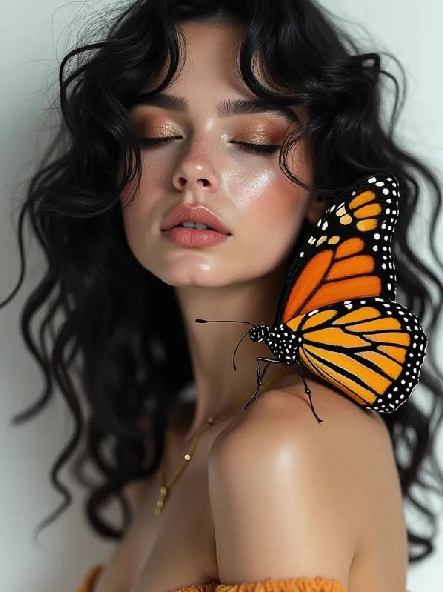 Русский промпт: Photo of a young woman with long, wavy black hair, wearing a mustard-colored off-the-shoulder top with a plunging neckline, her eyes closed, and a monarch butterfly resting on her shoulder. She has a fair complexion and a subtle smile. The background is a plain, light-colored wall. The lighting is soft and natural, highlighting her delicate features. The image has a dreamy, ethereal quality. | Original prompt: Photo of a young woman with long, wavy black hair, wearing a mustard-colored off-the-shoulder top with a plunging neckline, her eyes closed, and a monarch butterfly resting on her shoulder. She has a fair complexion and a subtle smile. The background is a plain, light-colored wall. The lighting is soft and natural, highlighting her delicate features. The image has a dreamy, ethereal quality.