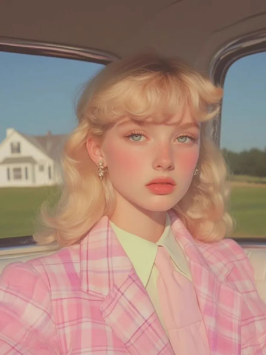 Русский промпт: Photo of a young woman with blonde hair, wearing a pink plaid blazer over a light green shirt, sitting in the back seat of a vintage car, looking directly at the camera with a neutral expression. The background shows a white house and a green lawn, with a clear blue sky above. The lighting is soft and natural, creating a warm and inviting atmosphere. | Original prompt: Photo of a young woman with blonde hair, wearing a pink plaid blazer over a light green shirt, sitting in the back seat of a vintage car, looking directly at the camera with a neutral expression. The background shows a white house and a green lawn, with a clear blue sky above. The lighting is soft and natural, creating a warm and inviting atmosphere.