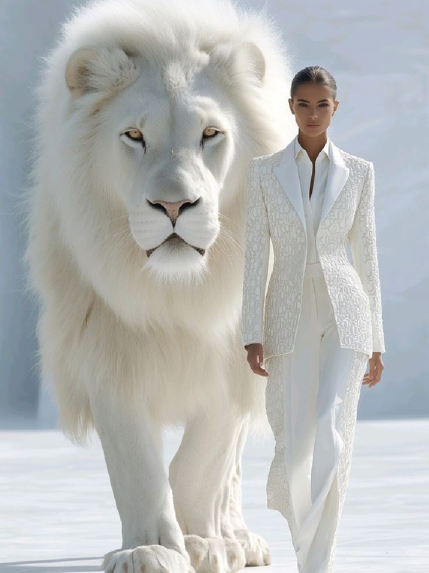 Русский промпт: A woman in a white, tailored suit walking alongside a large, white lion. The woman has dark skin and is wearing minimal makeup. The lion has a fierce expression and is walking confidently. The background is a simple, minimalist landscape with a glacier-like texture. The lighting is bright and natural, highlighting the intricate patterns of the suit. The image has a high-resolution, professional look. | Original prompt: A woman in a white, tailored suit walking alongside a large, white lion. The woman has dark skin and is wearing minimal makeup. The lion has a fierce expression and is walking confidently. The background is a simple, minimalist landscape with a glacier-like texture. The lighting is bright and natural, highlighting the intricate patterns of the suit. The image has a high-resolution, professional look.