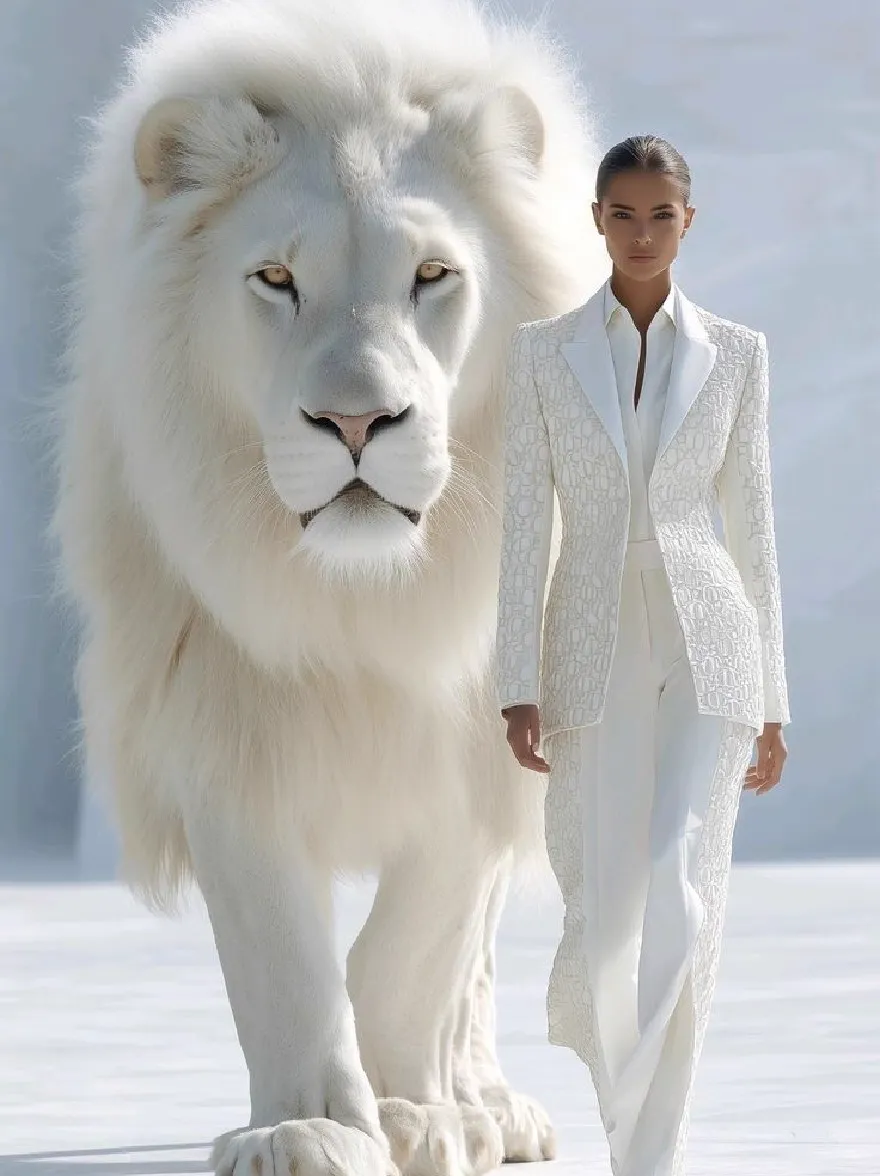 Русский промпт: A woman in a white, tailored suit walking alongside a large, white lion. The woman has dark skin and is wearing minimal makeup. The lion has a fierce expression and is walking confidently. The background is a simple, minimalist landscape with a glacier-like texture. The lighting is bright and natural, highlighting the intricate patterns of the suit. The image has a high-resolution, professional look. | Original prompt: A woman in a white, tailored suit walking alongside a large, white lion. The woman has dark skin and is wearing minimal makeup. The lion has a fierce expression and is walking confidently. The background is a simple, minimalist landscape with a glacier-like texture. The lighting is bright and natural, highlighting the intricate patterns of the suit. The image has a high-resolution, professional look.