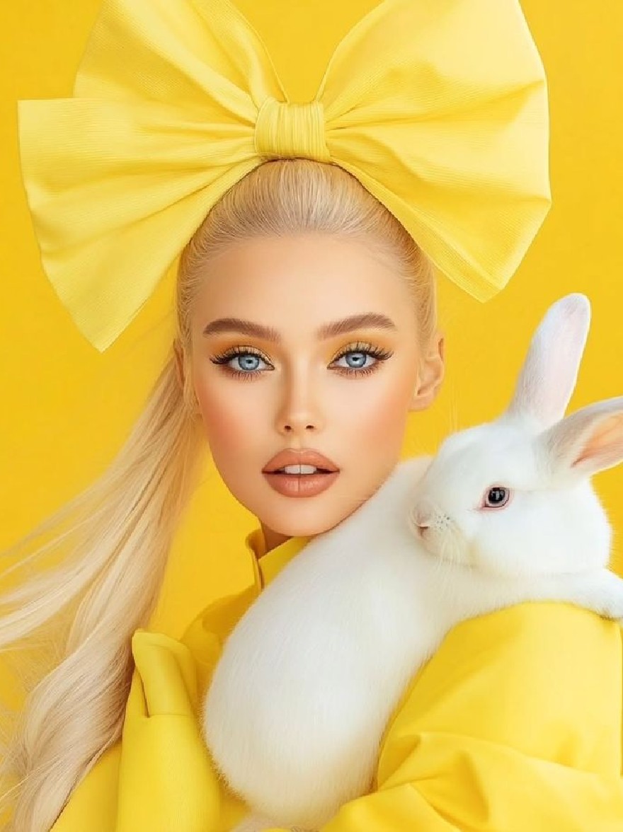 Русский промпт: Photo of a beautiful woman with long blonde hair, wearing a large yellow bow on her head, holding a white rabbit in her arms. She has fair skin, blue eyes, and is wearing a bright yellow coat. The background is a solid yellow color, and the lighting is bright and even. The woman has a confident expression and is looking directly at the camera. The image has a high-quality, professional look with a focus on the woman's face and the rabbit. | Original prompt: Photo of a beautiful woman with long blonde hair, wearing a large yellow bow on her head, holding a white rabbit in her arms. She has fair skin, blue eyes, and is wearing a bright yellow coat. The background is a solid yellow color, and the lighting is bright and even. The woman has a confident expression and is looking directly at the camera. The image has a high-quality, professional look with a focus on the woman's face and the rabbit.