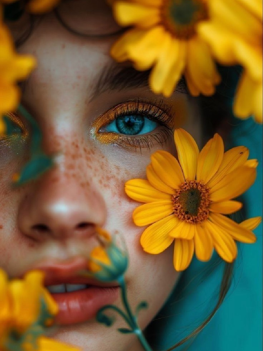 Русский промпт: A close-up photograph of a young woman with pale skin, blue eyes, and freckles, surrounded by bright yellow flowers. She has a neutral expression and is looking directly at the camera. The background is a solid turquoise color. The flowers are in full bloom, with some buds still in the process of blooming. The lighting is soft and natural, highlighting the delicate beauty of the flowers. The overall mood is peaceful and serene. | Original prompt: A close-up photograph of a young woman with pale skin, blue eyes, and freckles, surrounded by bright yellow flowers. She has a neutral expression and is looking directly at the camera. The background is a solid turquoise color. The flowers are in full bloom, with some buds still in the process of blooming. The lighting is soft and natural, highlighting the delicate beauty of the flowers. The overall mood is peaceful and serene.