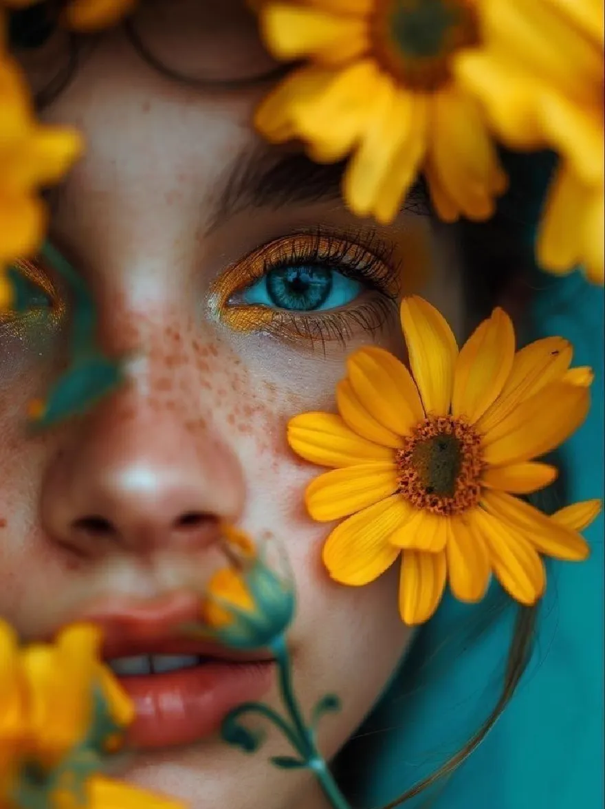 Русский промпт: A close-up photograph of a young woman with pale skin, blue eyes, and freckles, surrounded by bright yellow flowers. She has a neutral expression and is looking directly at the camera. The background is a solid turquoise color. The flowers are in full bloom, with some buds still in the process of blooming. The lighting is soft and natural, highlighting the delicate beauty of the flowers. The overall mood is peaceful and serene. | Original prompt: A close-up photograph of a young woman with pale skin, blue eyes, and freckles, surrounded by bright yellow flowers. She has a neutral expression and is looking directly at the camera. The background is a solid turquoise color. The flowers are in full bloom, with some buds still in the process of blooming. The lighting is soft and natural, highlighting the delicate beauty of the flowers. The overall mood is peaceful and serene.
