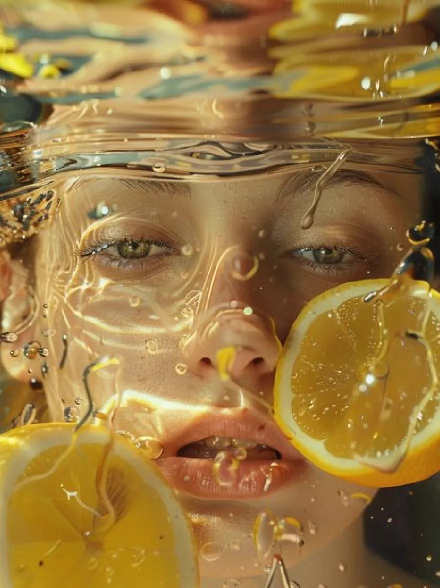 Русский промпт: Photograph of a young woman with fair skin and green eyes, submerged in water with lemon slices around her face. She has a serene expression, with her mouth slightly open. The water is clear, allowing us to see the bubbles and the lemon slices. The background is blurred, but it appears to be an underwater setting. The lighting is soft and natural, highlighting the woman's features. The image has a dreamy, ethereal quality. | Original prompt: Photograph of a young woman with fair skin and green eyes, submerged in water with lemon slices around her face. She has a serene expression, with her mouth slightly open. The water is clear, allowing us to see the bubbles and the lemon slices. The background is blurred, but it appears to be an underwater setting. The lighting is soft and natural, highlighting the woman's features. The image has a dreamy, ethereal quality.