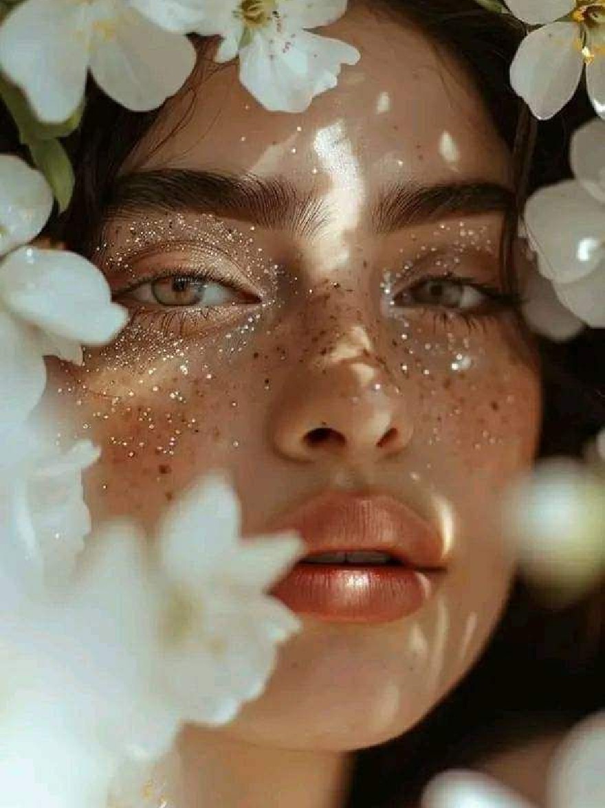 Русский промпт: A close-up portrait of a young woman with freckles on her face, surrounded by white flowers. She has fair skin, dark brown hair, and is wearing a flower crown. Her eyes are looking directly at the viewer with a serene expression. Her lips are slightly parted, revealing a hint of brown lipstick. The background is blurred, allowing the focus to remain on the woman's face and the flowers around her. The lighting is soft and natural, highlighting her delicate features and creating a shimmering effect on her skin. The overall aesthetic is dreamy and ethereal, with a focus on natural beauty and serenity. | Original prompt: A close-up portrait of a young woman with freckles on her face, surrounded by white flowers. She has fair skin, dark brown hair, and is wearing a flower crown. Her eyes are looking directly at the viewer with a serene expression. Her lips are slightly parted, revealing a hint of brown lipstick. The background is blurred, allowing the focus to remain on the woman's face and the flowers around her. The lighting is soft and natural, highlighting her delicate features and creating a shimmering effect on her skin. The overall aesthetic is dreamy and ethereal, with a focus on natural beauty and serenity.