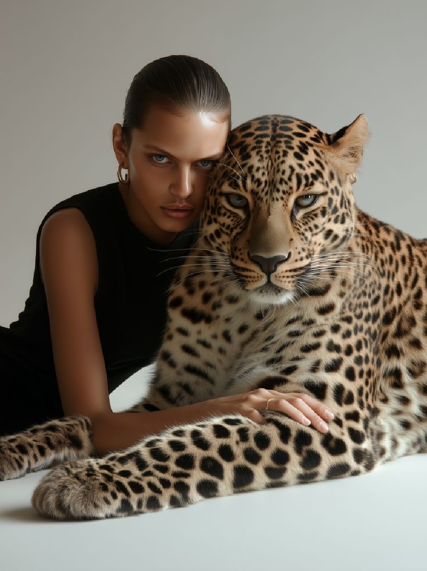 Русский промпт: Photo of a woman with dark skin, wearing a black sleeveless top, sitting next to a large leopard with spotted fur, both looking directly at the camera with serious expressions. The woman has a slender physique and is wearing large hoop earrings. The leopard is resting its head on the woman's shoulder. The background is a plain, light grey color. The lighting is soft and natural, highlighting the details of the animals. The image has a high-quality, professional feel. | Original prompt: Photo of a woman with dark skin, wearing a black sleeveless top, sitting next to a large leopard with spotted fur, both looking directly at the camera with serious expressions. The woman has a slender physique and is wearing large hoop earrings. The leopard is resting its head on the woman's shoulder. The background is a plain, light grey color. The lighting is soft and natural, highlighting the details of the animals. The image has a high-quality, professional feel.