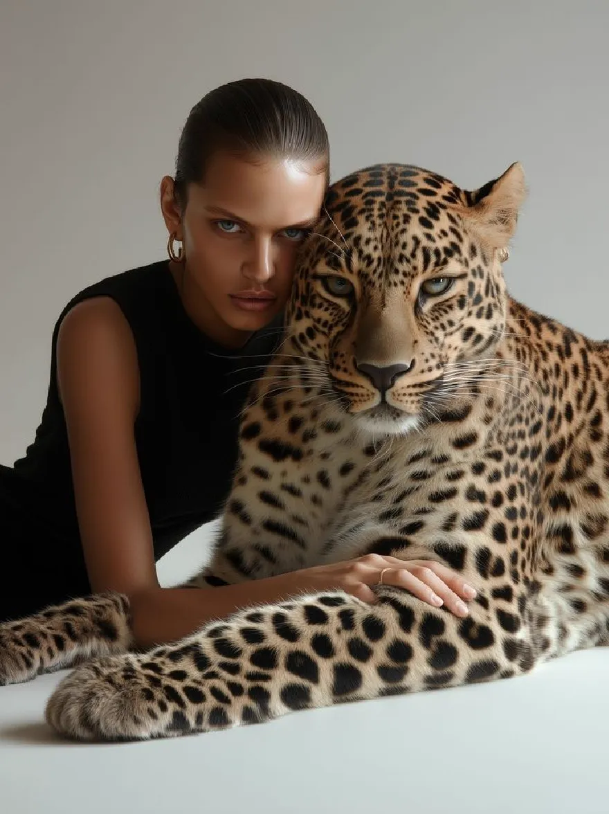 Русский промпт: Photo of a woman with dark skin, wearing a black sleeveless top, sitting next to a large leopard with spotted fur, both looking directly at the camera with serious expressions. The woman has a slender physique and is wearing large hoop earrings. The leopard is resting its head on the woman's shoulder. The background is a plain, light grey color. The lighting is soft and natural, highlighting the details of the animals. The image has a high-quality, professional feel. | Original prompt: Photo of a woman with dark skin, wearing a black sleeveless top, sitting next to a large leopard with spotted fur, both looking directly at the camera with serious expressions. The woman has a slender physique and is wearing large hoop earrings. The leopard is resting its head on the woman's shoulder. The background is a plain, light grey color. The lighting is soft and natural, highlighting the details of the animals. The image has a high-quality, professional feel.