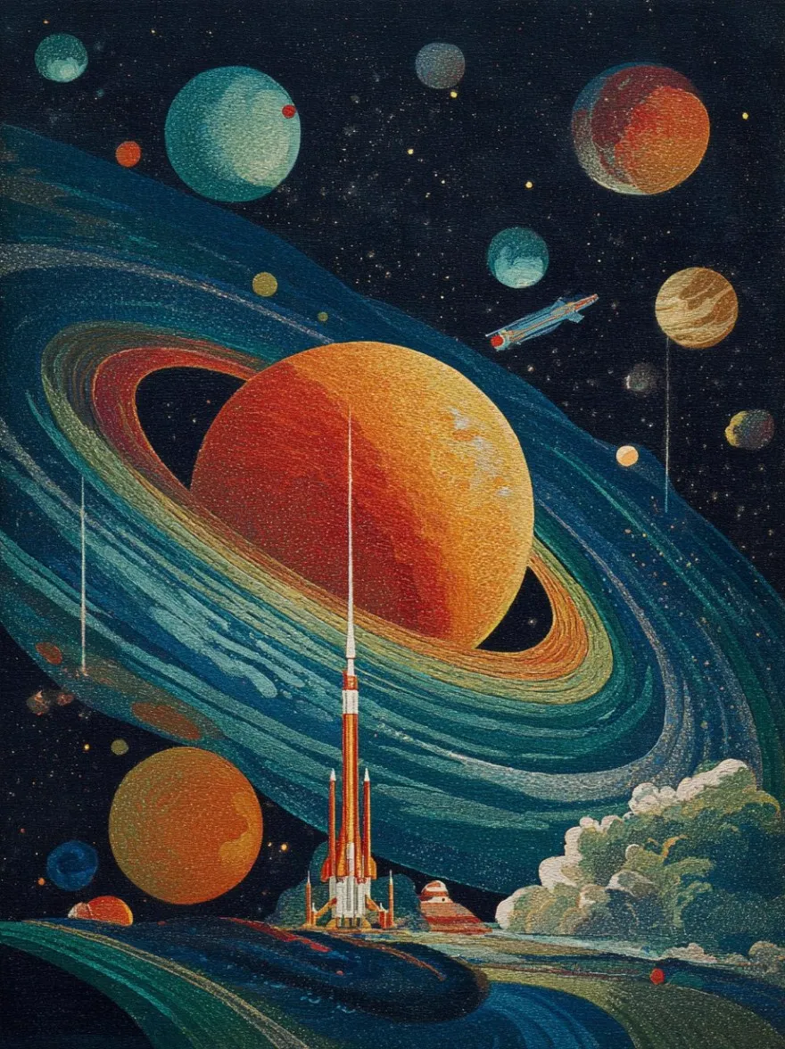 Русский промпт: Крупнейший каталлог промптов для нейросетей MidJourney, Stable Duffusion, Flux, Imagen, Sora и др... | Original prompt: Space exploration by by Sam Hyde Harris (1937)