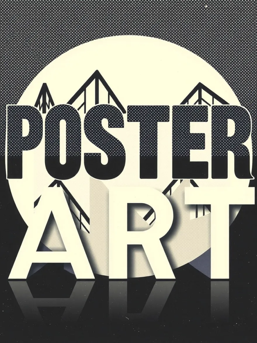 Русский промпт: Крупнейший каталлог промптов для нейросетей MidJourney, Stable Duffusion, Flux, Imagen, Sora и др... | Original prompt: text “POSTER ART” in bold letters. Minimalist halftone print style collage poster. 1970s graphic design style