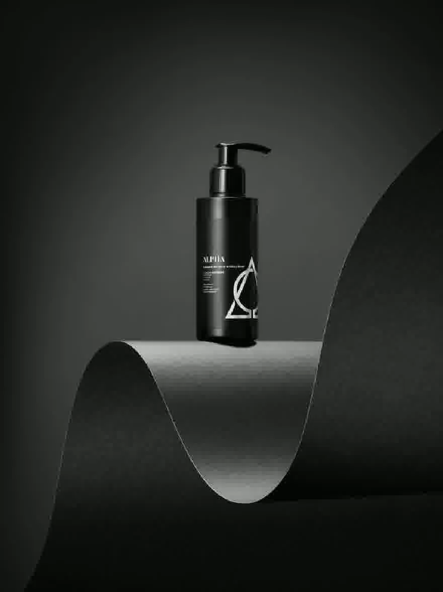 Русский промпт: Черно -белая фотография косметической бутылки с дозатором насоса, расположенной на серой изогнутой поверхности. У бутылки есть гладкий, современный дизайн с белым лейблом с треугольным символом и словом «альфа», жирным шрифтом. Фон - твердый темно -серый, обеспечивающий резкий контраст с бутылкой и ее окружением. Общая эстетика минималистичная и минималистичная, с акцентом на эстетику и минимализм. | Original prompt: A black and white photo of a cosmetic bottle with a pump dispenser, placed on a grey, curved surface. The bottle has a sleek, modern design with a white label featuring a triangular symbol and the word "alpha" in bold, black font. The background is a solid, dark grey, providing a stark contrast to the bottle and its surroundings. The overall aesthetic is minimalistic and minimalistic, with a focus on aesthetics and minimalism.