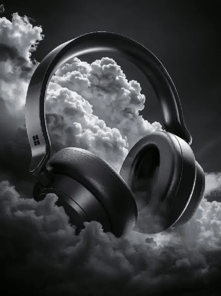 Русский промпт: Черно -белая фотография пары беспроводных наушников, плавающих в небе, окруженная пушистыми белыми облаками. Наушники имеют гладкий, современный дизайн с глянцевой отделкой и логотипом Microsoft на стороне. Фон - темное, облачное небо с несколькими тонкими облаками, разбросанными повсюду. Общее настроение мечтательное и эфирное, с акцентом на наушники и облака. | Original prompt: A black and white photograph of a pair of wireless headphones floating in the sky, surrounded by fluffy white clouds. The headphones have a sleek, modern design with a glossy finish and a Microsoft logo on the side. The background is a dark, cloudy sky with a few wispy clouds scattered throughout. The overall mood is dreamy and ethereal, with a focus on the headphones and the clouds.