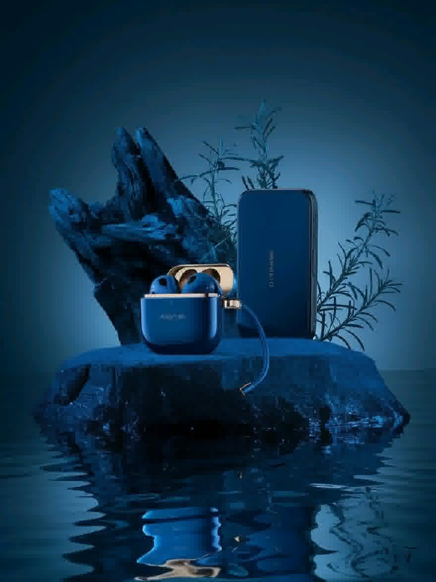 Русский промпт: Фотография синей, сброшенной поверхности, отражающей свет, с большой камнем на заднем плане. На скале есть пара синих наушников, зарядный кабель и Samsung Galaxy S20 Ultra. Телефон расположен в центре изображения, с подключенным к нему кабель зарядки. Фон глубоко, темно -синий, создающий успокаивающую атмосферу. Освещение мягкое и распространенное, подчеркивая детали элементов. Общее настроение мирное и безмятежное. | Original prompt: Photo of a blue, rippled surface reflecting the light, with a large rock in the background. On the rock, there is a pair of blue earphones, a charging cable, and a Samsung Galaxy S20 Ultra. The phone is positioned in the center of the image, with the charging cable connected to it. The background is a deep, dark blue, creating a calming atmosphere. The lighting is soft and diffused, highlighting the details of the items. The overall mood is peaceful and serene.