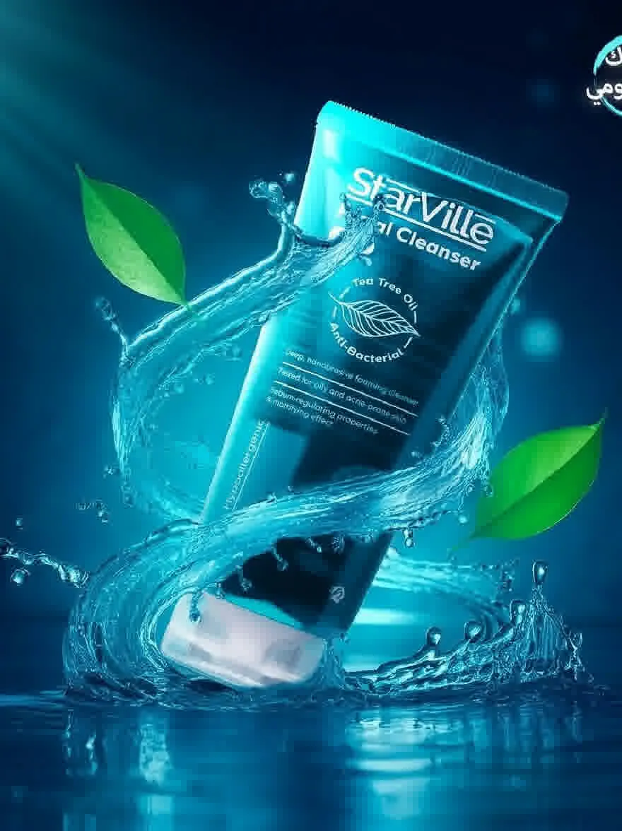 Русский промпт: Фотография пробирки с очищающим средством масла чайного дерева Starville, с брызг вокруг нее. Трубка синего цвета и имеет марку «Starville», написанную в белом тексте спереди. Фон - глубокий синий градиент с мерцающим эффектом. Вокруг трубки плавают два зеленых листья, добавляя прикосновение природы к изображению. Освещение мягкое и естественное, подчеркивая текстуру воды и трубки. Общий эффект - одна из освежающей и естественной красоты. | Original prompt: Photo of a tube of Starville Tea Tree Oil Cleanser, with water splashing around it. The tube is blue in color and has the brand name "Starville" written in white text on the front. The background is a deep blue gradient with a shimmering effect. There are two green leaves floating around the tube, adding a touch of nature to the image. The lighting is soft and natural, highlighting the texture of the water and the tube. The overall effect is one of refreshing and natural beauty.