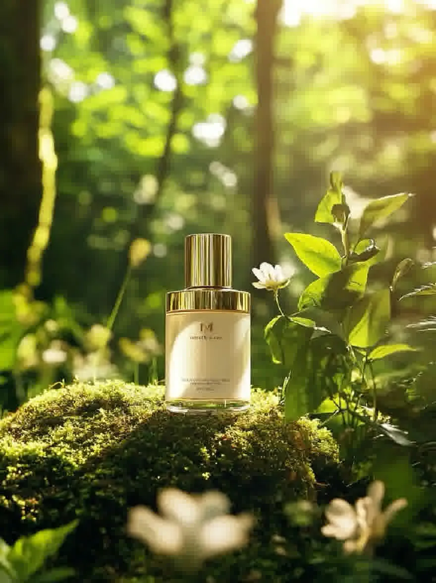 Русский промпт: Бутылка духа, сидящая на покрытой мхам скала в пышном зеленом лесу. Бутылка имеет кепку золотого цвета и белый лейбл с названием бренда «M», написанной золотой надписью. Фон размыт, с солнечным светом профильтровывает по деревьям, создавая мягкое, эфирное сияние. На переднем плане есть один белый цветок, добавляя к сцене оттенки красоты. Общая эстетика мирная и безмятежная, вызывая чувство естественной красоты и спокойствия. | Original prompt: A bottle of perfume sitting on a moss-covered rock in a lush, green forest. The bottle has a gold-colored cap and a white label with the brand name "M" written in gold lettering. The background is blurred, with sunlight filtering through the trees, creating a soft, ethereal glow. The foreground features a single white flower, adding a touch of beauty to the scene. The overall aesthetic is peaceful and serene, evoking a sense of natural beauty and tranquility.