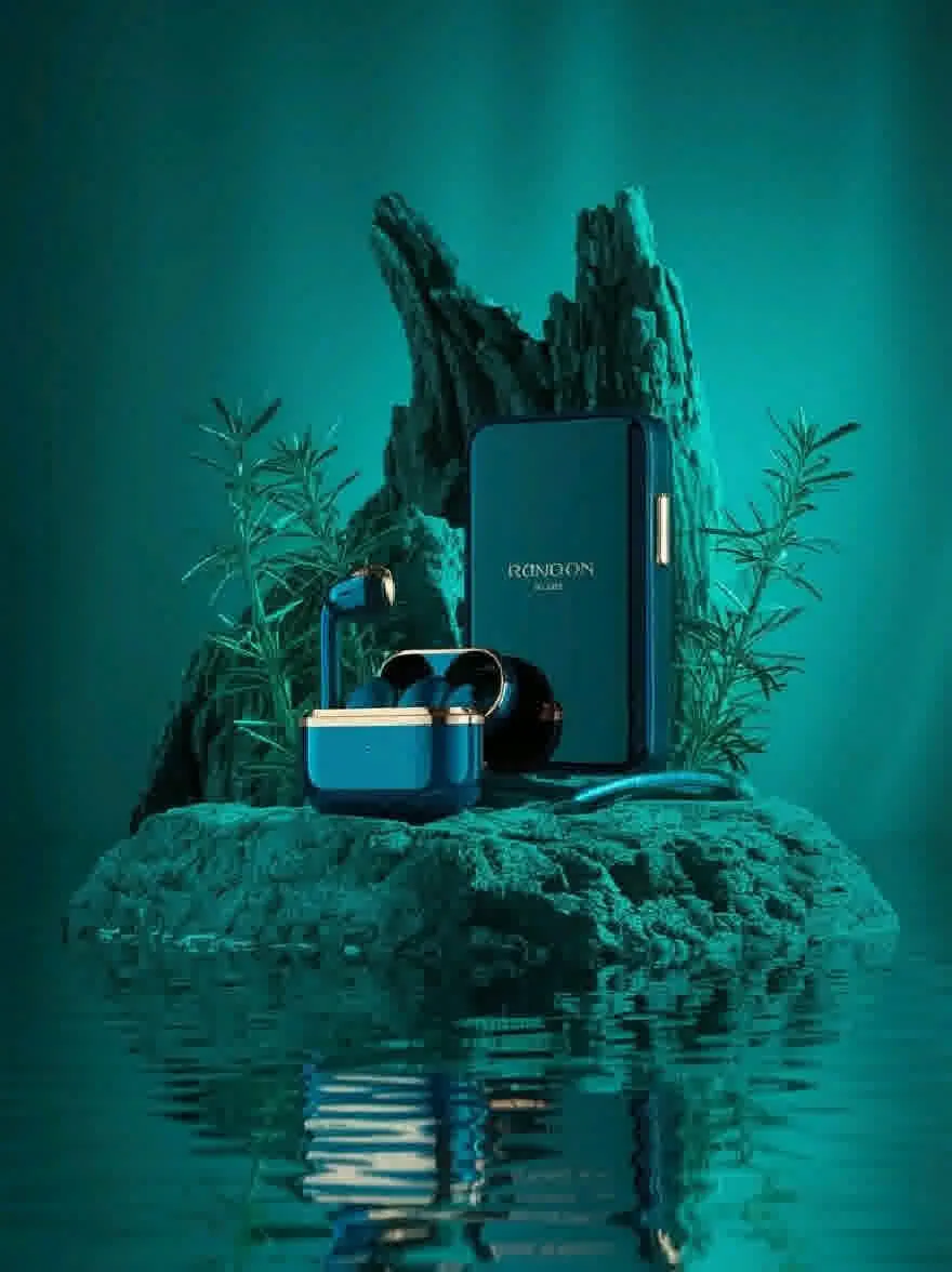 Русский промпт: Фотография бирюзовой подводной сцены с скальной формированием в центре, окруженной водными растениями. На рок -образовании есть синяя коробка с черной крышкой, содержащая пару наушников. В коробке есть название бренда «Roonoon», написанную на нем в белых буквах. Фон - глубокий цвет бирюзового цвета с мерцающим эффектом. Освещение мягкое и распространенное, создавая безмятежную атмосферу. Общее настроение мирно и успокаивает. | Original prompt: Photo of a turquoise underwater scene with a rock formation in the center, surrounded by aquatic plants. On the rock formation, there is a blue box with a black lid, containing a pair of earphones. The box has the brand name "Roonoon" written on it in white lettering. The background is a deep teal color with a shimmering effect. The lighting is soft and diffused, creating a serene atmosphere. The overall mood is peaceful and calming.