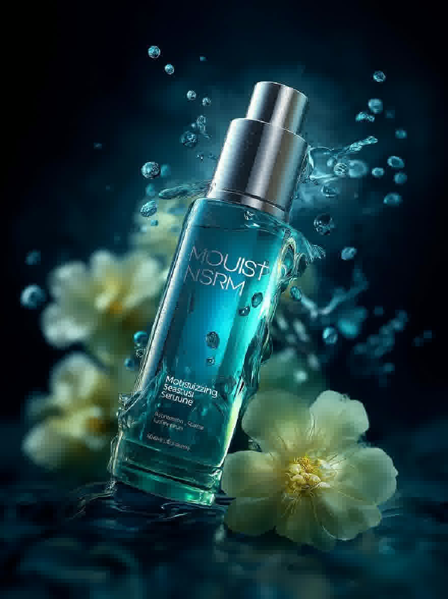 Русский промпт: Фотография бутылки из увлажняющей сыворотки Moust NISRM, с синей меткой и серебряным спреем. Бутылка помещается в центр изображения, окруженная несколькими белыми цветами. Фон - темно -синий градиент с пузырями, плавающими вокруг бутылки. Освещение мягкое и естественное, выделяя бутылку и ее содержимое. Изображение имеет высококачественный, профессиональный вид. | Original prompt: Photo of a bottle of Moust NISRM Moisturizing Serum, with a blue label and a silver spray nozzle. The bottle is placed in the center of the image, surrounded by a few white flowers. The background is a dark blue gradient, with bubbles floating around the bottle. The lighting is soft and natural, highlighting the bottle and its contents. The image has a high-quality, professional look.