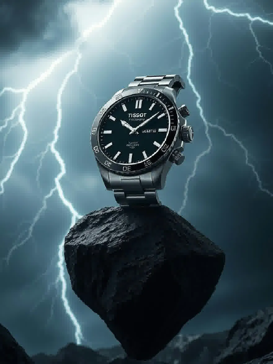 Русский промпт: Фотография автоматических часов Tissot PRS 516 Automatic Diver's на скале, приложенная к драматическому штормовому небу с молнией. Часы имеют черный циферблат со светящимися руками и маркерами, а также корпус из нержавеющей стали и браслета. Фон темный и бурный, со вспышками молнии освещает сцену. Общее настроение драматично и предприимчиво. | Original prompt: A photograph of a Tissot PRS 516 Automatic Diver's Watch on a rock, set against a dramatic, stormy sky with lightning. The watch has a black dial with luminous hands and markers, and a stainless steel case and bracelet. The background is dark and stormy, with flashes of lightning illuminating the scene. The overall mood is dramatic and adventurous.