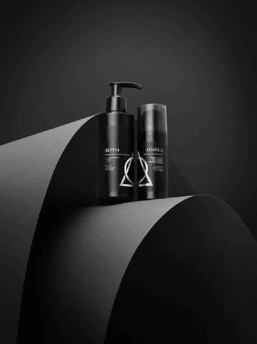 Русский промпт: Черно -белая фотография двух черных косметических бутылок с белыми этикетками, расположенная рядом на темной изогнутой поверхности. Бутылки имеют гладкий, современный дизайн с глянцевой отделкой. Метки имеют название бренда "Alpha" и "Omega" жирным шрифтом, белые надписи. Фон - твердый, темно -серый, обеспечивающий резкий контраст с бутылками. Общая эстетика минималистичная и минималистичная, с акцентом на продукты. | Original prompt: A black and white photo of two black cosmetic bottles with white labels, placed side by side on a dark, curved surface. The bottles have a sleek, modern design with a glossy finish. The labels feature the brand name "Alpha" and "Omega" in bold, white lettering. The background is a solid, dark grey, providing a stark contrast to the bottles. The overall aesthetic is minimalistic and minimalistic, with a focus on the products.