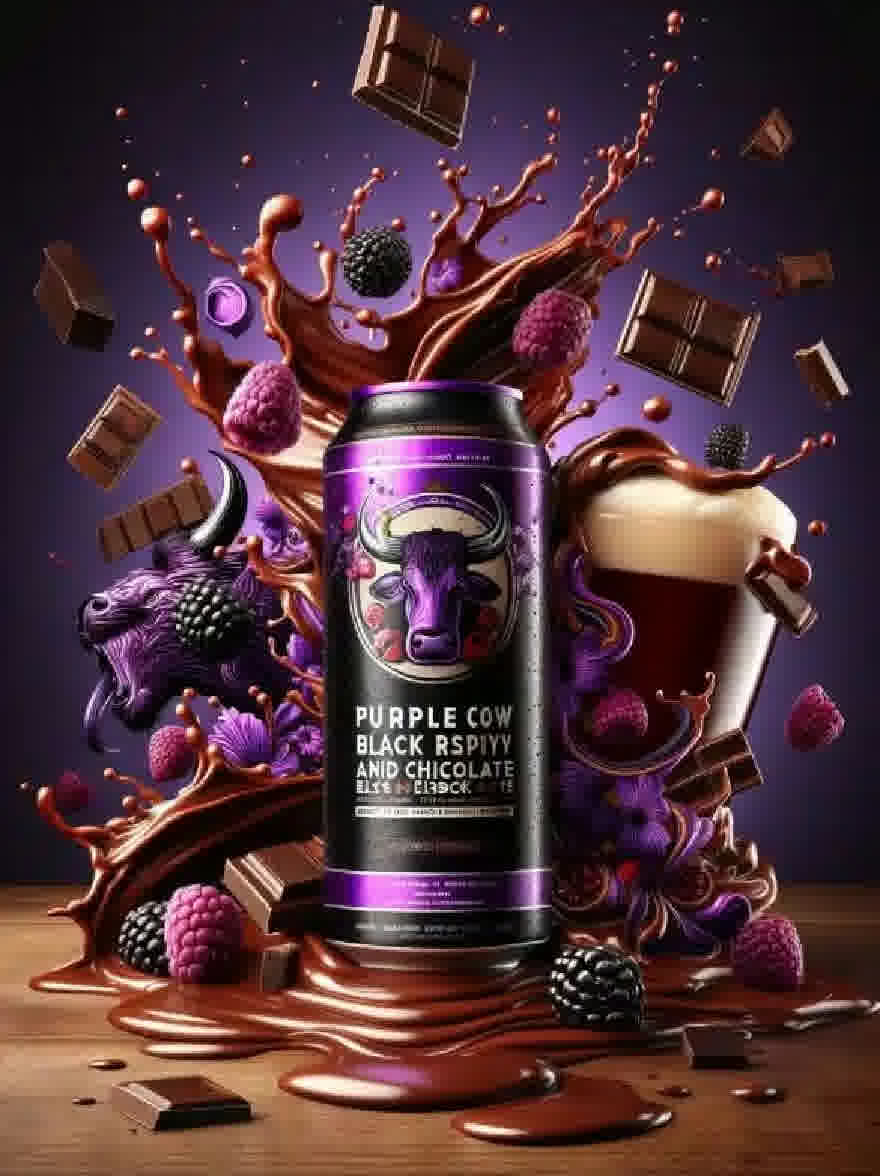 Русский промпт: Фотография банки с фиолетовой коровьей черной малиной и шоколадным стаутом, окруженная брызгами шоколада и малины, со стаканом того же пива на переднем плане. CAN находится в центре изображения, с ярчевой меткой. Фон представляет собой глубокий фиолетовый градиент, с брызгами и шоколадными кусочками, разбросанными вокруг банки и стекла. Изображение имеет сюрреалистическое и художественное ощущение, с яркими цветами и сложными деталями. Основное внимание уделяется банке, стеклу и кусочкам шоколада. Общий эффект - это декаданс и снисходительность. | Original prompt: Photo of a can of Purple Cow Black Raspberry and Chocolate Stout, surrounded by splashes of chocolate and raspberries, with a glass of the same beer in the foreground. The can is in the center of the image, with the label clearly visible. The background is a deep purple gradient, with splashes and chocolate pieces scattered around the can and glass. The image has a surreal and artistic feel, with vibrant colors and intricate details. The focus is on the can, the glass, and the chocolate pieces. The overall effect is one of decadence and indulgence.