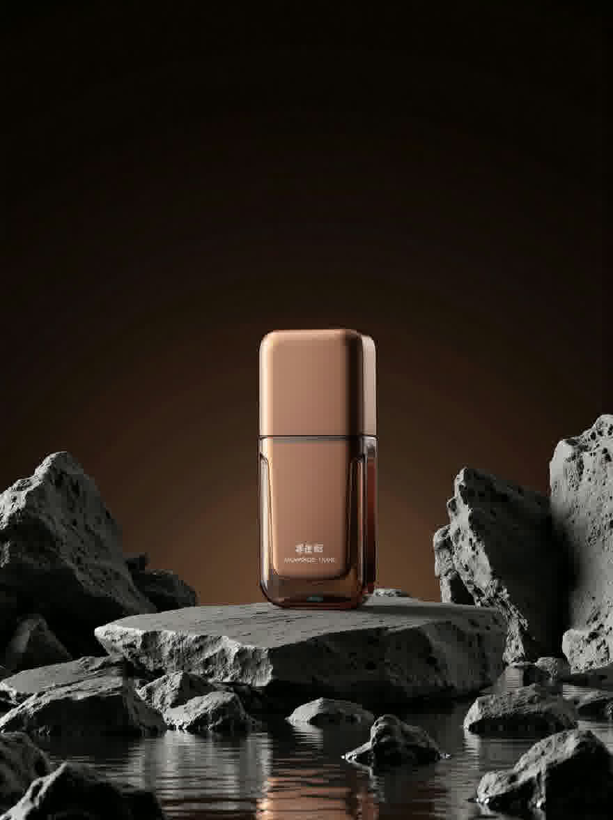 Русский промпт: Фотография гладкой, современной, медной бутылки с прямоугольной формой с прозрачной крышкой, расположенной на каменистой поверхности с темным, дымным фоном. Бутылка расположена в центре изображения, с отражением бутылки на поверхности. Освещение драматичное, набрав теплое свечение на бутылку и окружающие камни. Изображение имеет минималистичную, минималистскую эстетику. | Original prompt: A photograph of a sleek, modern, copper-colored, rectangular-shaped water bottle with a transparent lid, placed on a rocky surface with a dark, smoky background. The bottle is positioned in the center of the image, with the reflection of the bottle on the surface. The lighting is dramatic, casting a warm glow on the bottle and the surrounding rocks. The image has a minimalistic, minimalist aesthetic.