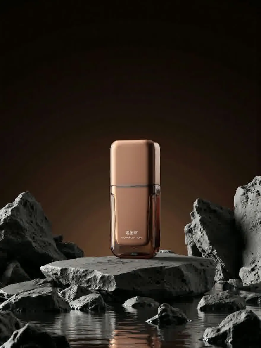 Русский промпт: Фотография гладкой, современной, медной бутылки с прямоугольной формой с прозрачной крышкой, расположенной на каменистой поверхности с темным, дымным фоном. Бутылка расположена в центре изображения, с отражением бутылки на поверхности. Освещение драматичное, набрав теплое свечение на бутылку и окружающие камни. Изображение имеет минималистичную, минималистскую эстетику. | Original prompt: A photograph of a sleek, modern, copper-colored, rectangular-shaped water bottle with a transparent lid, placed on a rocky surface with a dark, smoky background. The bottle is positioned in the center of the image, with the reflection of the bottle on the surface. The lighting is dramatic, casting a warm glow on the bottle and the surrounding rocks. The image has a minimalistic, minimalist aesthetic.