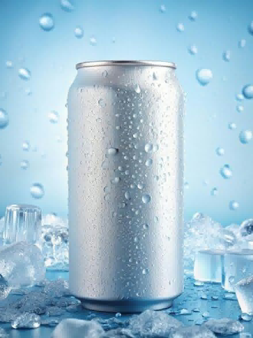 Русский промпт: Фото серебряного алюминия с каплями воды на нем, окруженная кубиками льда на синем фоне. Бань находится в центре рамы, а кубики льда разбросаны вокруг нее. Фон представляет собой твердый синий цвет, обеспечивающий чистый и четкий фон для банки. Алюминий может иметь блестящую, отражающую поверхность, отражая свет и создавая мерцающий эффект. Кубики льда имеют различные размеры и формы, добавляя текстуру и глубину к изображению. Общий эффект - это освежение и удобство. | Original prompt: Photo of a silver aluminum can with water droplets on it, surrounded by ice cubes on a blue background. The can is in the center of the frame, with the ice cubes scattered around it. The background is a solid blue color, providing a clean and crisp backdrop for the can. The aluminum can has a shiny, reflective surface, reflecting the light and creating a shimmering effect. The ice cubes are of various sizes and shapes, adding texture and depth to the image. The overall effect is one of refreshingness and convenience.