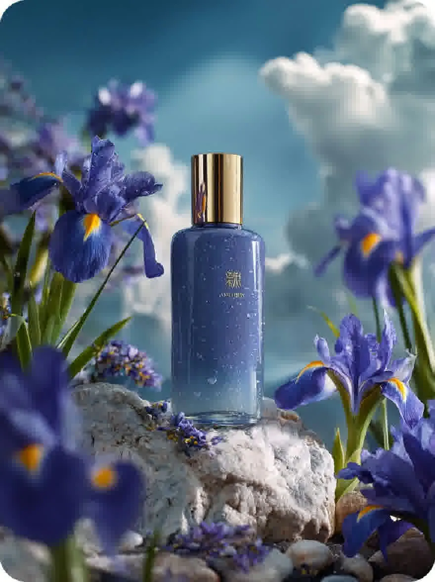 Русский промпт: Фотография синей стеклянной бутылки с золотой кепкой, расположенной на скалистой поверхности, окруженной фиолетовыми ирисами. Фон - мягкое, размытое голубое небо с пушистыми белыми облаками. На бутылке написаны китайские иероглифы, написанные на нем, а ирисы в полном цвете, добавляя на сцену прикосновение красоты. | Original prompt: A photograph of a blue glass bottle with a gold cap, placed on a rocky surface surrounded by purple irises. The background is a soft, blurred blue sky with fluffy white clouds. The bottle has Chinese characters written on it, and the irises are in full bloom, adding a touch of beauty to the scene.