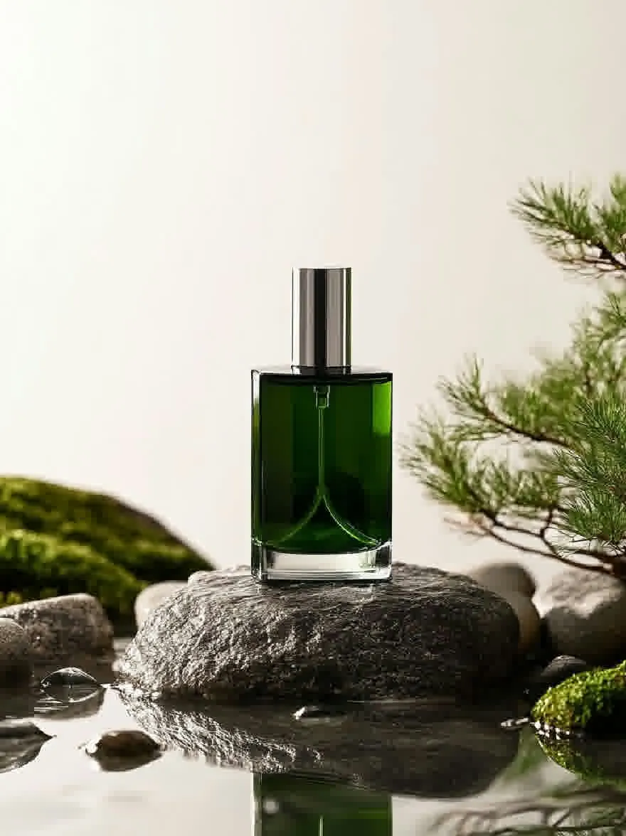 Русский промпт: Фотография стеклянной духовной бутылки с зеленой жидкостью внутри, расположенной на скале в спокойной обстановке. Бутылка имеет гладкий, современный дизайн с серебряной крышкой и прозрачным, цилиндрическим телом. Фон размыта, с мягкой пастельной цветовой палитрой. На правой стороне изображения есть небольшая сосна с зелеными иголками, добавляя на сцену прикосновение природы. Вода отражает бутылку и окружающие камни, создавая безмятежную и успокаивающую атмосферу. Общее настроение - мирное и успокаивающее, вызывая чувство спокойствия и расслабления. | Original prompt: A photograph of a glass perfume bottle with a green liquid inside, placed on a rock in a tranquil setting. The bottle has a sleek, modern design with a silver cap and a transparent, cylindrical body. The background is blurred, with a soft, pastel color palette. On the right side of the image, there is a small pine tree with green needles, adding a touch of nature to the scene. The water reflects the bottle and the surrounding rocks, creating a serene and calming atmosphere. The overall mood is peaceful and calming, evoking a sense of tranquility and relaxation.