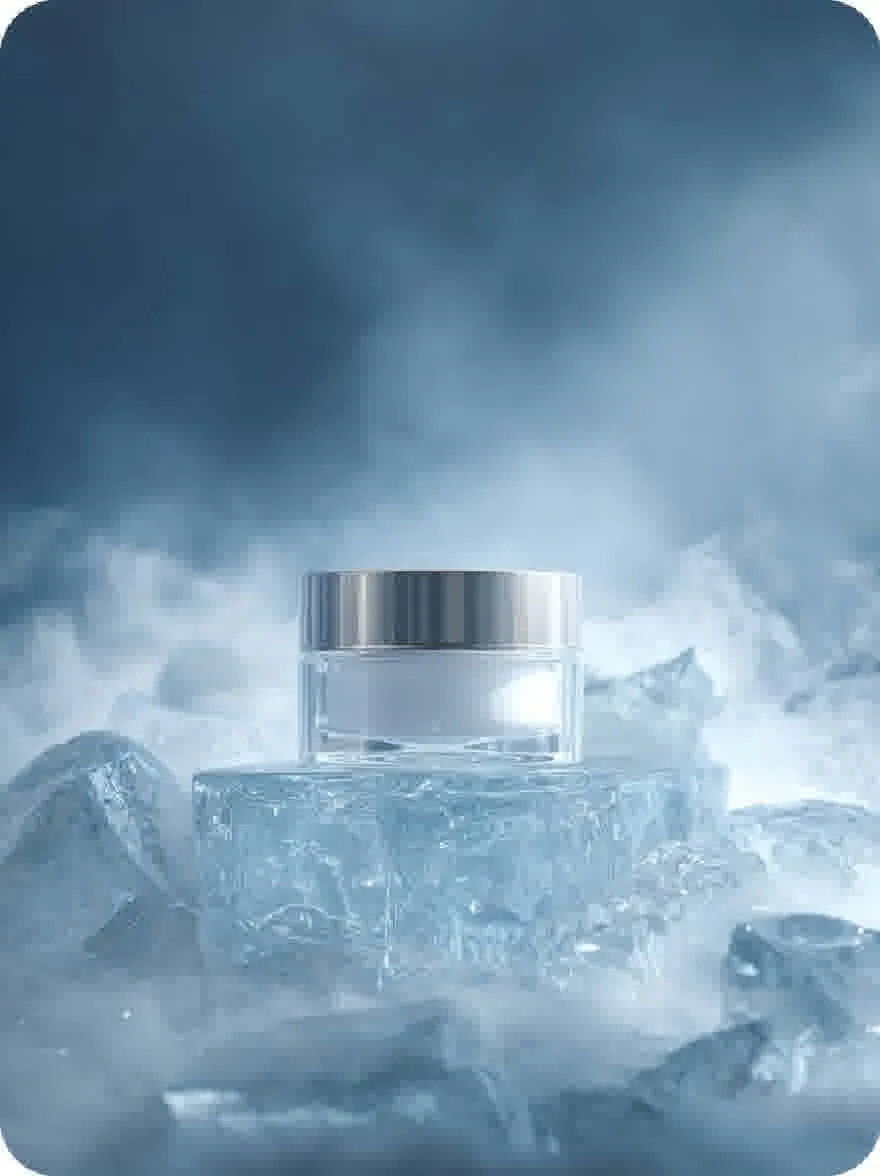 Русский промпт: Фотография стеклянной банки с серебряной крышкой, расположенной на вершине кучи кубиков льда, с голубым небом и туманом на заднем плане. Банка прозрачна, что позволяет нам увидеть содержимое внутри. Кубики льда разбросаны вокруг банки, создавая динамичную и очаровательную сцену. Фотография имеет мягкое, эфирное качество, причем свет отражается от льда и создает мерцающий эффект. Общее настроение мирное и безмятежное. | Original prompt: Photo of a glass jar with a silver lid, placed on top of a pile of ice cubes, with a blue sky and mist in the background. The jar is transparent, allowing us to see the contents inside. The ice cubes are scattered around the jar, creating a dynamic and captivating scene. The photo has a soft, ethereal quality, with the light reflecting off the ice and creating a shimmering effect. The overall mood is peaceful and serene.