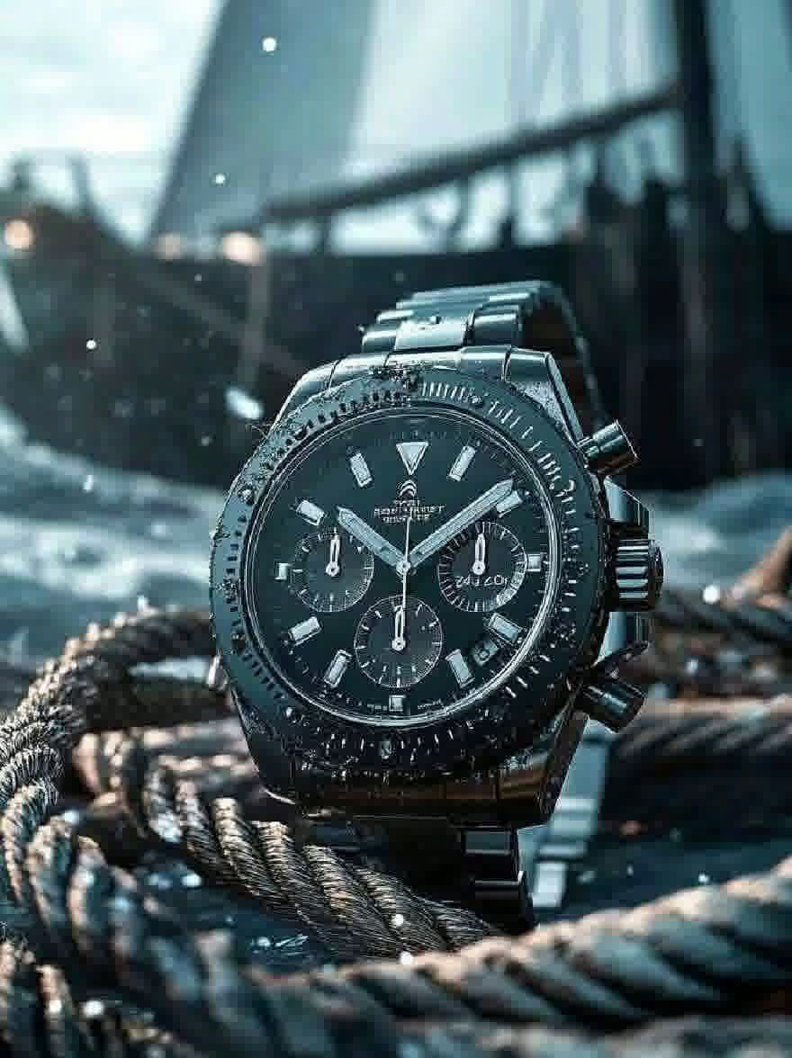 Русский промпт: Крупный план Breitling Superocean Chame Watch с черным циферблатом, установленным на размытовом фоне веревок и корабля. Часы имеют корпус и браслет из нержавеющей стали, а на циферблате есть три поддиала, окно даты в положении 6 часов, а также светящиеся руки и маркеры. Безель инкрустируется маленькими бриллиантами, добавляя шерсть в ином монохроматическом изображении. | Original prompt: A close-up of a Breitling Superocean Chronograph watch with a black dial, set against a blurred background of ropes and a ship. The watch has a stainless steel case and bracelet, and the dial features three sub-dials, a date window at the 6 o'clock position, and luminous hands and markers. The bezel is encrusted with small diamonds, adding a touch of sparkle to the otherwise monochromatic image.