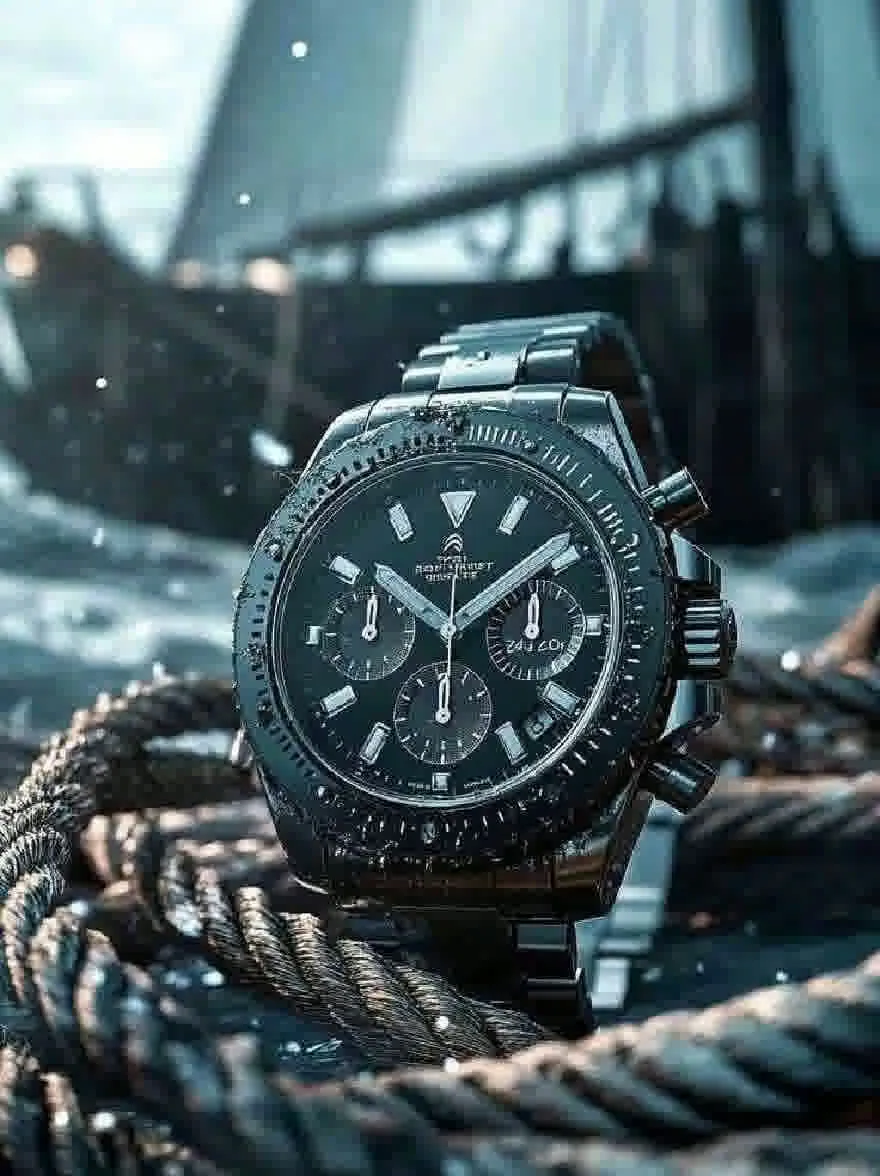 Русский промпт: Крупный план Breitling Superocean Chame Watch с черным циферблатом, установленным на размытовом фоне веревок и корабля. Часы имеют корпус и браслет из нержавеющей стали, а на циферблате есть три поддиала, окно даты в положении 6 часов, а также светящиеся руки и маркеры. Безель инкрустируется маленькими бриллиантами, добавляя шерсть в ином монохроматическом изображении. | Original prompt: A close-up of a Breitling Superocean Chronograph watch with a black dial, set against a blurred background of ropes and a ship. The watch has a stainless steel case and bracelet, and the dial features three sub-dials, a date window at the 6 o'clock position, and luminous hands and markers. The bezel is encrusted with small diamonds, adding a touch of sparkle to the otherwise monochromatic image.