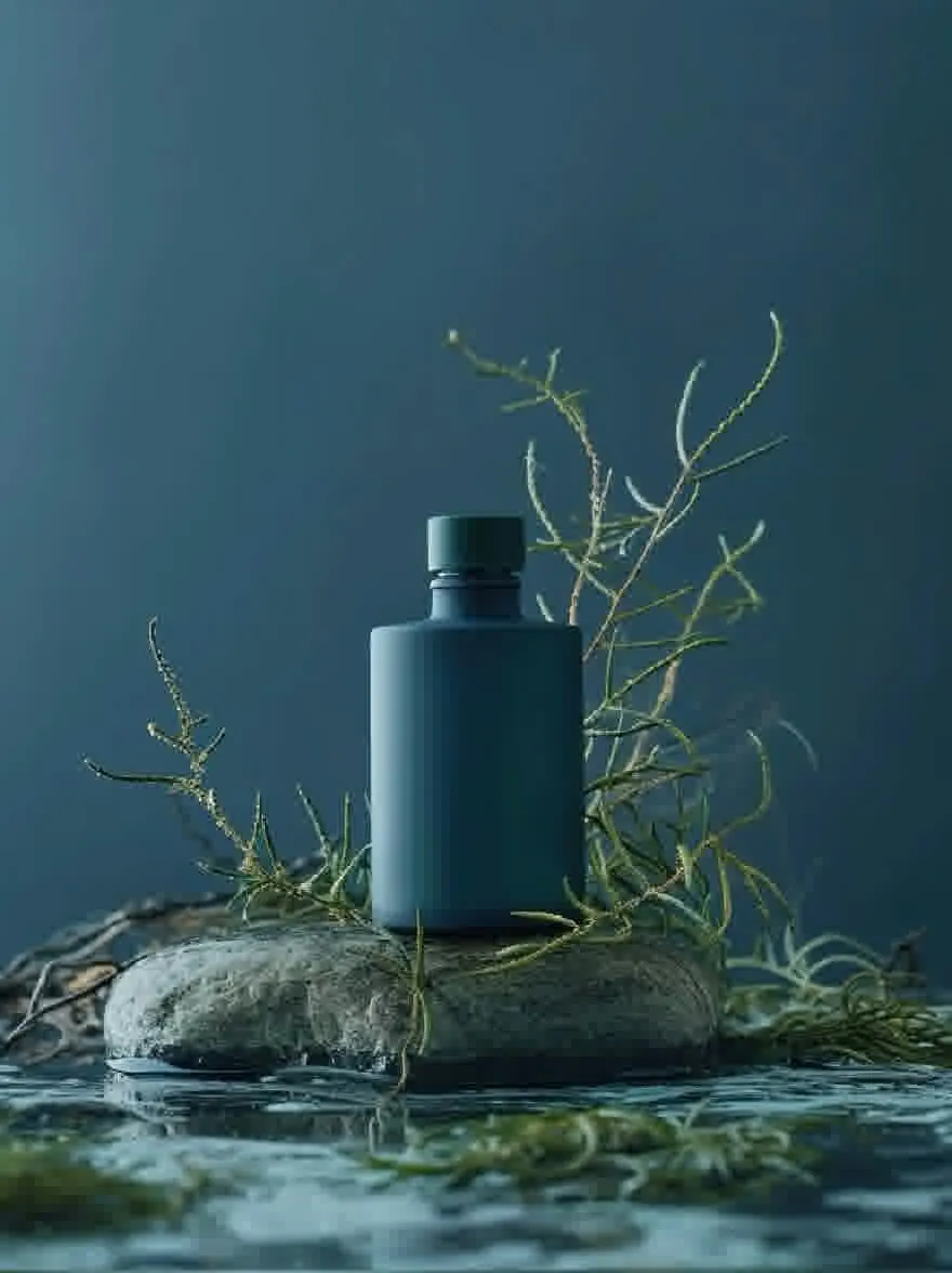 Русский промпт: Фотография синей пластиковой бутылки с зеленой крышкой, расположенной на скале на мелководье, окруженной зелеными растениями. Фон темно -синий, создающий успокаивающую атмосферу. Бутылка имеет цилиндрическую форму и имеет гладкую глянцевую отделку. Растения тонкие и деликатные, с маленькими листьями и стеблями. Скала выветривается, и на нем растет немного моха. Освещение мягкое и естественное, выделяя бутылку и растения. | Original prompt: Photo of a blue plastic bottle with a green cap, placed on a rock in shallow water, surrounded by green plants. The background is a dark blue, creating a calming atmosphere. The bottle is cylindrical in shape and has a smooth, glossy finish. The plants are thin and delicate, with small leaves and stems. The rock is weathered and has some moss growing on it. The lighting is soft and natural, highlighting the bottle and plants.