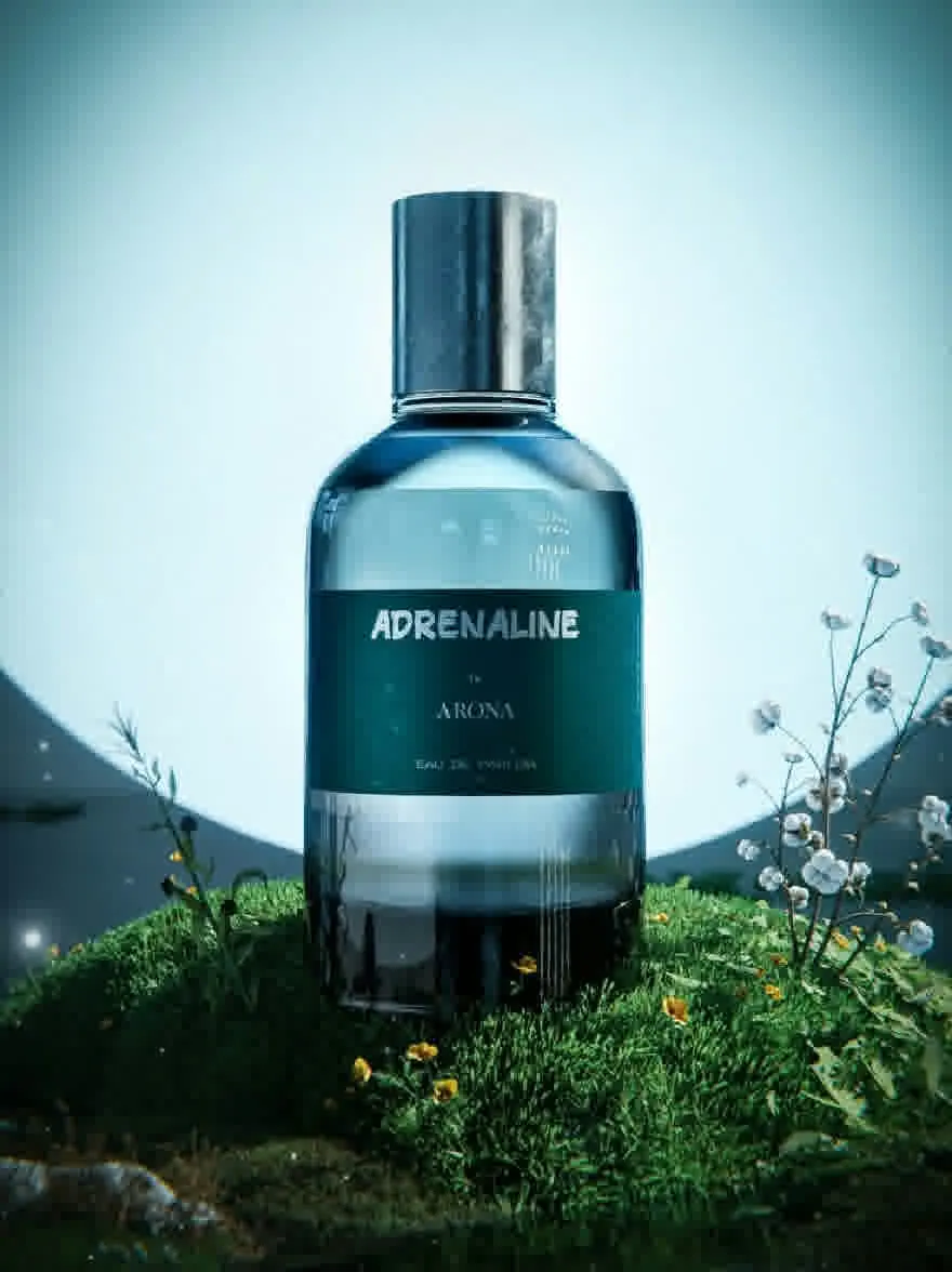 Русский промпт: Бутылка адреналина от Arona eau de Toiletme, расположенная на участке зеленой травы с маленькими белыми цветами, разбросанными вокруг. У бутылки есть гладкий, современный дизайн с серебряной крышкой и синей этикеткой. Фон - мягкий, градиентный синий с горами на расстоянии. Освещение мягкое и распространенное, создавая мирную и успокаивающую атмосферу. Общая эстетика является минималистичной и минималистичной. | Original prompt: A bottle of Adrenaline by Arona Eau de Toilette placed on a patch of green grass with small white flowers scattered around. The bottle has a sleek, modern design with a silver cap and a blue label. The background is a soft, gradient blue with mountains in the distance. The lighting is soft and diffused, creating a peaceful and calming atmosphere. The overall aesthetic is minimalistic and minimalistic.