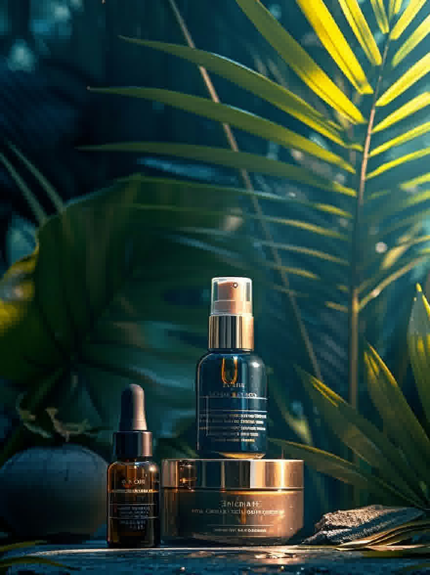 Русский промпт: Фотография тропической обстановки с пышной зеленой листвой и солнечным светом, фильтрацией через листья. На правой стороне изображения есть высокая цилиндрическая бутылка с белой брызги и черная метка с золотой надписью. Рядом с ним находится маленькая, круглая, коричневая коробка с той же меткой. Фон размыт, но, кажется, это пышный, зеленый лес. Освещение мягкое и теплое, создавая безмятежную атмосферу. Изображение высококачественное и имеет водяной знак в правом нижнем углу. | Original prompt: Photo of a tropical setting with lush green foliage and sunlight filtering through the leaves. On the right side of the image, there is a tall, cylindrical bottle with a white spray nozzle and a black label with gold lettering. Next to it is a small, round, brown box with the same label. The background is blurred, but it appears to be a lush, green forest. The lighting is soft and warm, creating a serene atmosphere. The image is high quality and has a watermark in the bottom right corner.