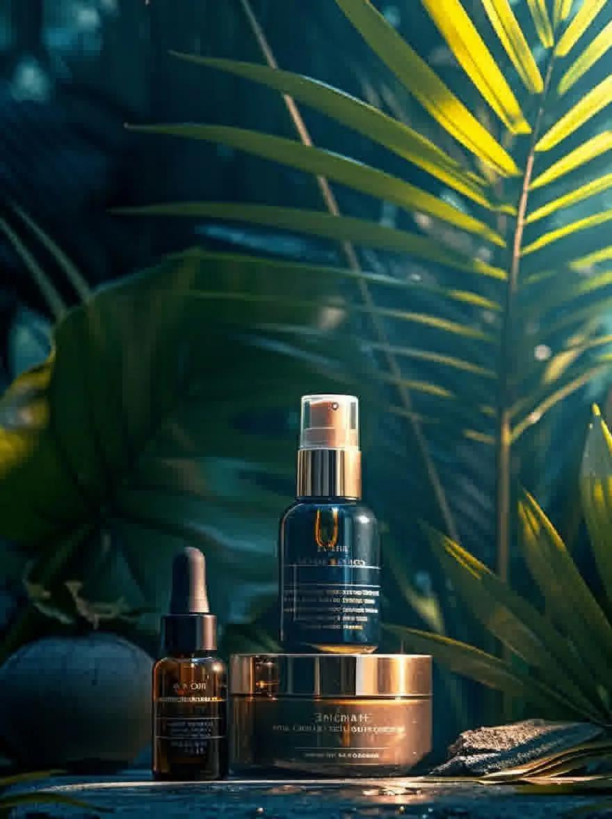 Русский промпт: Фотография тропической обстановки с пышной зеленой листвой и солнечным светом, фильтрацией через листья. На правой стороне изображения есть высокая цилиндрическая бутылка с белой брызги и черная метка с золотой надписью. Рядом с ним находится маленькая, круглая, коричневая коробка с той же меткой. Фон размыт, но, кажется, это пышный, зеленый лес. Освещение мягкое и теплое, создавая безмятежную атмосферу. Изображение высококачественное и имеет водяной знак в правом нижнем углу. | Original prompt: Photo of a tropical setting with lush green foliage and sunlight filtering through the leaves. On the right side of the image, there is a tall, cylindrical bottle with a white spray nozzle and a black label with gold lettering. Next to it is a small, round, brown box with the same label. The background is blurred, but it appears to be a lush, green forest. The lighting is soft and warm, creating a serene atmosphere. The image is high quality and has a watermark in the bottom right corner.