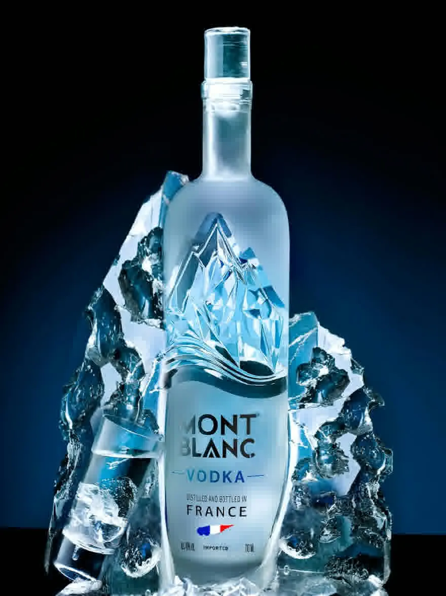 Русский промпт: Фотография бутылки водки Мон Блан, расположенная на ложе из раздавленного льда, с синим и черным градиентным фоном. Бутылка изготовлена из прозрачного стекла и имеет серебряную крышку. Метка на бутылке белый с логотипом Mont Blanc и словами «водка Франция», написанные синим цветом. Кубики льда разбросаны по бутылке, создавая уникальный и увлекательный дизайн. Освещение драматичное, подчеркивая лед, форму и текстуру бутылки. Общий эффект - это роскошь и изощренность. | Original prompt: A photograph of a bottle of Mont Blanc Vodka placed on a bed of crushed ice, with a blue and black gradient background. The bottle is made of clear glass and has a silver cap. The label on the bottle is white with the Mont Blanc logo and the words "Vodka France" written in blue. The ice cubes are scattered around the bottle, creating a unique and captivating design. The lighting is dramatic, highlighting the ice and the bottle's shape and texture. The overall effect is one of luxury and sophistication.