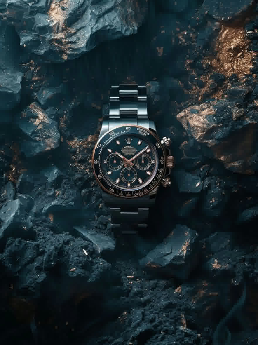 Русский промпт: Фотография космографии Rolex Daytona с черным циферблатом и золотыми акцентами, установленной на темном, скалистом фоне. Часы имеют корпус и браслет из нержавеющей стали, а лицо имеет три поддиала, окно даты в положении 6 часов, а также светящиеся руки и маркеры. Общая эстетика минималистичная и сложная, с акцентом на классический дизайн Rolex. | Original prompt: A photograph of a Rolex Cosmograph Daytona watch with a black dial and gold accents, set against a dark, rocky background. The watch has a stainless steel case and bracelet, and the face features three sub-dials, a date window at the 6 o'clock position, and luminous hands and markers. The overall aesthetic is minimalistic and sophisticated, with a focus on the classic Rolex design.