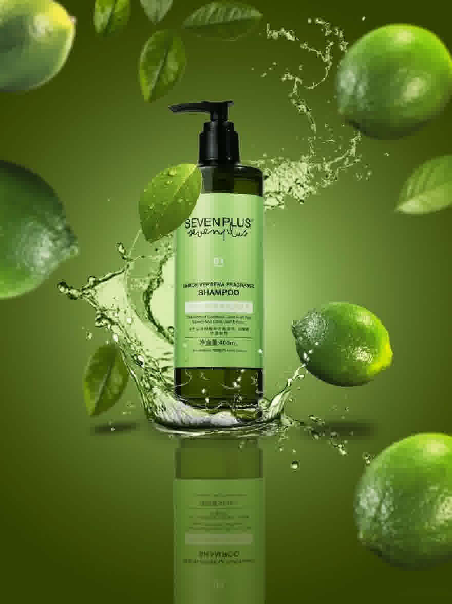 Русский промпт: Фотография бутылки из семи плюс лимон -вербена аромата шампуня с насосной дозатором, окруженной лаймами и всплесками воды на зеленом фоне. Бутылка белая с зеленой этикеткой, а этикетка гласит «Семь плюс» жирным шрифтом. Лаймы разбросаны по бутылке, а некоторые перекрывают друг друга. Фон - твердый, яркий зеленый. Освещение яркое и естественное, выделяя бутылку и ее содержимое. Общая эстетика чистая и минималистичная. | Original prompt: Photo of a bottle of Seven Plus Lemon Verbena Fragrance Shampoo, with a pump dispenser, surrounded by limes and water splashes on a green background. The bottle is white with a green label, and the label reads "Seven Plus" in bold, black font. The limes are scattered around the bottle, with some overlapping each other. The background is a solid, vibrant green. The lighting is bright and natural, highlighting the bottle and its contents. The overall aesthetic is clean and minimalistic.