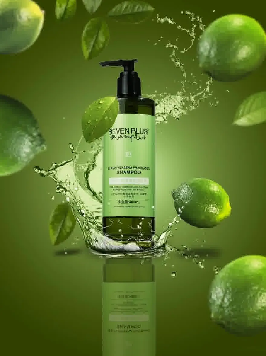 Русский промпт: Фотография бутылки из семи плюс лимон -вербена аромата шампуня с насосной дозатором, окруженной лаймами и всплесками воды на зеленом фоне. Бутылка белая с зеленой этикеткой, а этикетка гласит «Семь плюс» жирным шрифтом. Лаймы разбросаны по бутылке, а некоторые перекрывают друг друга. Фон - твердый, яркий зеленый. Освещение яркое и естественное, выделяя бутылку и ее содержимое. Общая эстетика чистая и минималистичная. | Original prompt: Photo of a bottle of Seven Plus Lemon Verbena Fragrance Shampoo, with a pump dispenser, surrounded by limes and water splashes on a green background. The bottle is white with a green label, and the label reads "Seven Plus" in bold, black font. The limes are scattered around the bottle, with some overlapping each other. The background is a solid, vibrant green. The lighting is bright and natural, highlighting the bottle and its contents. The overall aesthetic is clean and minimalistic.
