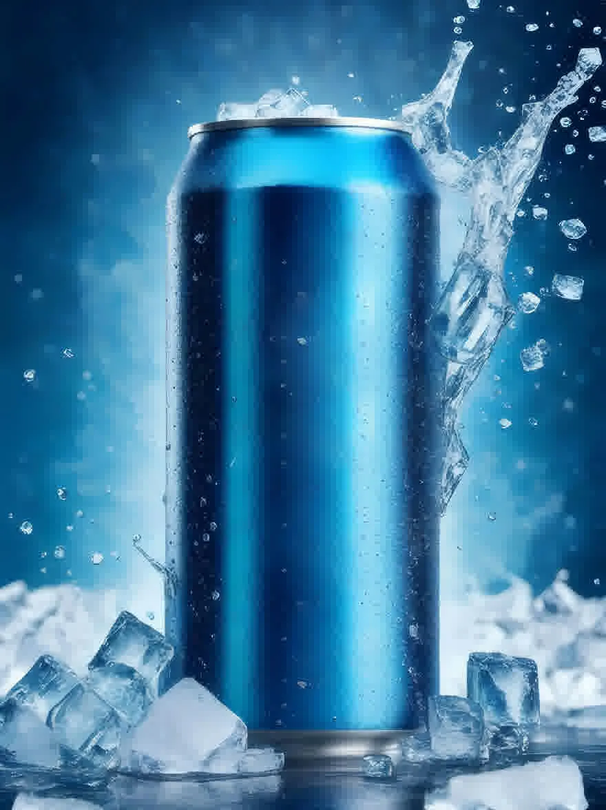 Русский промпт: Фотография синей алюминиевой банки с брызгиванием воды, окруженной кубиками льда. CAN находится в центре рамы, с кубиками льда с обеих сторон. Фон представляет собой градиент синего и белого, с мягким, размытым эффектом. Водяные капли на могут отражать свет, создавая мерцающий эффект на алюминий. Кубики льда разбросаны вокруг банки, некоторые перекрывают друг друга. Общий эффект - одна из освежающей и динамической энергии. | Original prompt: Photo of a blue aluminum can with water splashing on it, surrounded by ice cubes. The can is in the center of the frame, with the ice cubes on either side. The background is a gradient of blue and white, with a soft, blurred effect. The water droplets on the can reflect the light, creating a shimmering effect on the aluminum. The ice cubes are scattered around the can, some overlapping each other. The overall effect is one of refreshing and dynamic energy.