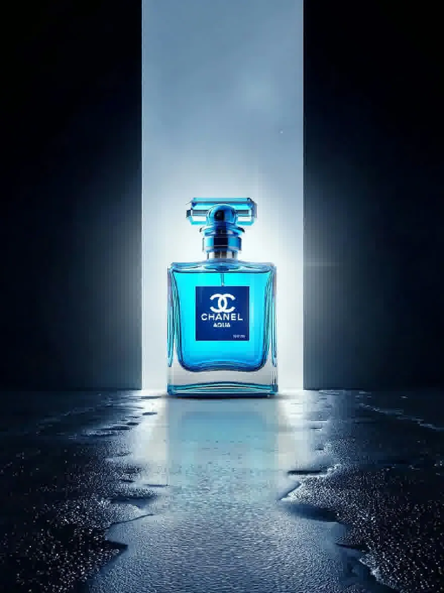 Русский промпт: Фотография бутылки Chanel Aqua eau de parfum, расположенная на отражающей поверхности, освещенная мягким синим светом. Бутылка имеет цилиндрическую форму с серебряной крышкой и синей меткой с культовым логотипом Chanel. Фон представляет собой градиент темно -синего и белого, создавая драматический контраст с ярко -синим цветом бутылки. Отражение света создает мерцающий эффект на поверхности, добавляя глубину и измерение к изображению. Общий эффект - это роскошь и изощренность. | Original prompt: A photograph of a Chanel Aqua Eau de Parfum bottle placed on a reflective surface, illuminated by a soft, blue light. The bottle is cylindrical in shape with a silver cap and a blue label featuring the iconic Chanel logo. The background is a gradient of dark blue and white, creating a dramatic contrast with the bright blue of the bottle. The reflection of the light creates a shimmering effect on the surface, adding depth and dimension to the image. The overall effect is one of luxury and sophistication.