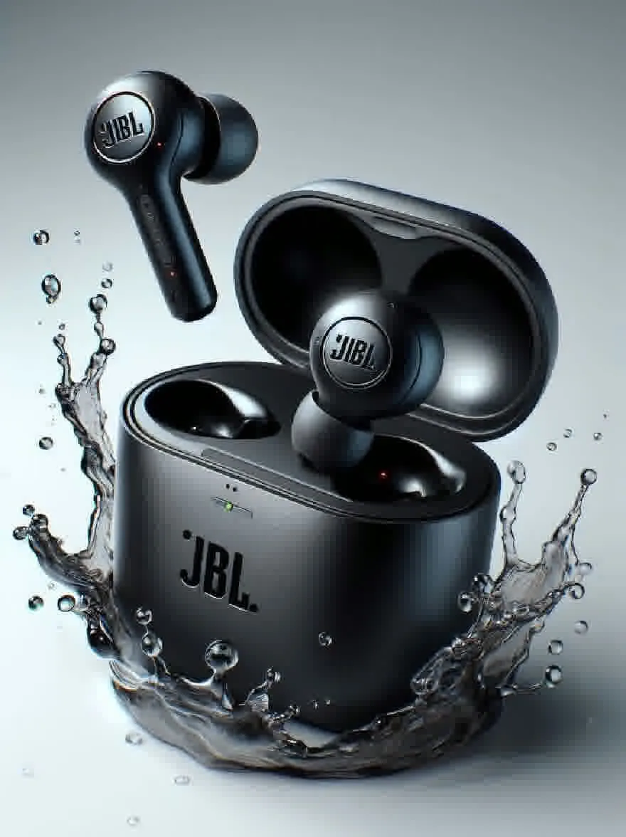 Русский промпт: Фотография пары черных JBL отражает контурные истинные беспроводные наушники в черном корпусе, с тем, что вода брызгает вокруг них, создавая динамичную и захватывающую сцену. Корпус гладкий и современный, с культовым логотипом JBL, заметно отображаемым спереди. Наушники расположены в центре корпуса, и вокруг них видны капли воды. Фон представляет собой простой градиент светло -серого до белого, что позволяет фокусировке оставаться на наушниках и корпусе. Изображение имеет высококачественный, профессиональный вид с чистой и полированной отделкой. | Original prompt: Photo of a pair of black JBL Reflect Contour True Wireless Earbuds in a black case, with water splashing around them, creating a dynamic and exciting scene. The case is sleek and modern, with the iconic JBL logo prominently displayed on the front. The earbuds are positioned in the center of the case, and the water droplets are visible around them. The background is a simple gradient of light grey to white, allowing the focus to remain on the earphones and the case. The image has a high-quality, professional look with a clean and polished finish.