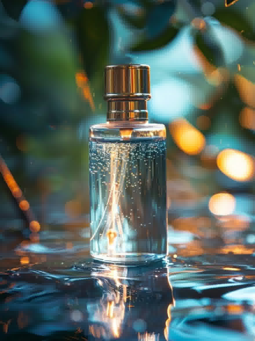 Русский промпт: Крупным планом духовной бутылки с каплями воды на ее поверхности, отражая свет и создавая мерцающий эффект. Бутылка изготовлена из прозрачного стекла и имеет серебряную крышку. Фон размыт с помощью бок -огней и зелени, давая мечтательное, эфирное ощущение. Освещение мягкое и теплое, создавая безмятежную атмосферу. Фокус избирательно расположен на бутылке, что делает ее фокусной точкой изображения. | Original prompt: A close-up of a perfume bottle with water droplets on its surface, reflecting the light and creating a shimmering effect. The bottle is made of clear glass and has a silver cap. The background is blurred with bokeh lights and greenery, giving a dreamy, ethereal feel. The lighting is soft and warm, creating a serene atmosphere. The focus is selectively placed on the bottle, making it the focal point of the image.