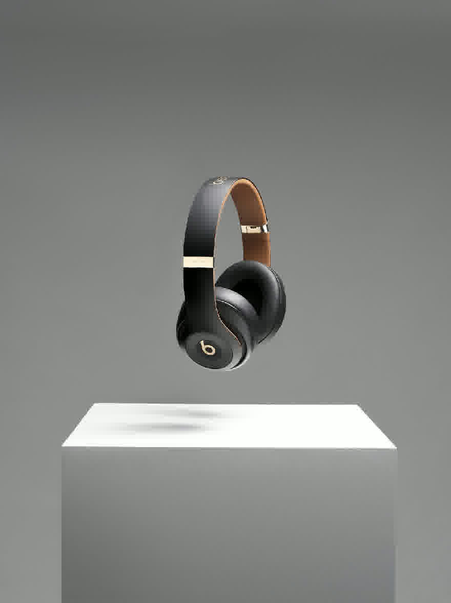 Русский промпт: Фотография черных битов наушников доктора Дре с коричневым кожаным ремешком, отдыхая на белом постаменте на простом сером фоне. У наушников есть гладкий, современный дизайн с глянцевой отделкой и культовым логотипом «B» на стороне. Пьедестал прост и минималистичен, без других предметов или украшений. Общая эстетика минималистичная и современная. | Original prompt: A photograph of a black Beats by Dr. Dre headphones with a brown leather strap, resting on a white pedestal against a plain grey background. The headphones have a sleek, modern design with a glossy finish and the iconic "b" logo on the side. The pedestal is simple and minimalistic, with no other objects or decorations in sight. The overall aesthetic is minimalistic and contemporary.