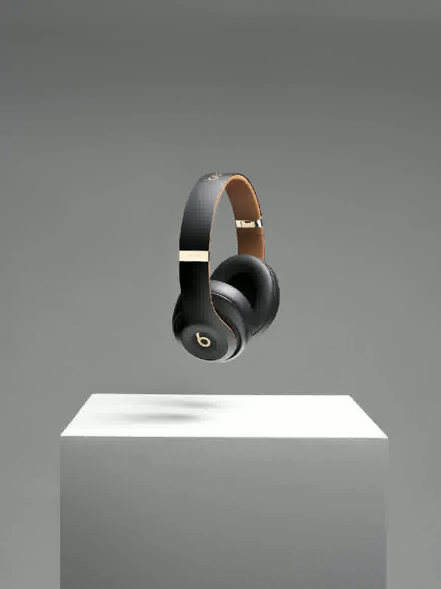 Русский промпт: Фотография черных битов наушников доктора Дре с коричневым кожаным ремешком, отдыхая на белом постаменте на простом сером фоне. У наушников есть гладкий, современный дизайн с глянцевой отделкой и культовым логотипом «B» на стороне. Пьедестал прост и минималистичен, без других предметов или украшений. Общая эстетика минималистичная и современная. | Original prompt: A photograph of a black Beats by Dr. Dre headphones with a brown leather strap, resting on a white pedestal against a plain grey background. The headphones have a sleek, modern design with a glossy finish and the iconic "b" logo on the side. The pedestal is simple and minimalistic, with no other objects or decorations in sight. The overall aesthetic is minimalistic and contemporary.