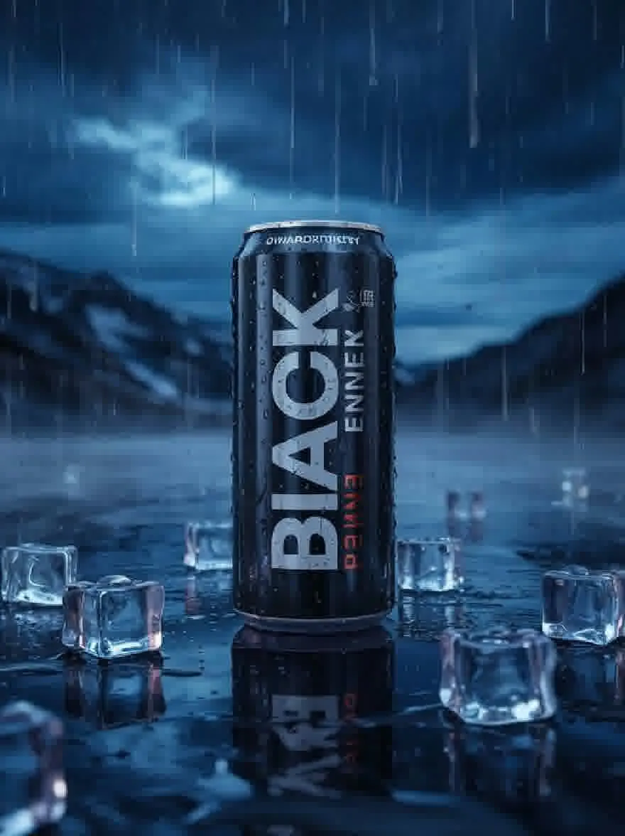 Русский промпт: Фотография банки черного энергетического напитка, расположенного на отражающей поверхности, окруженной кубиками льда. Фон - темный, штормовой пейзаж с горами на расстоянии. CAN черный со словами «черный энергетический напиток», написанные в белом. Кубики льда разбросаны вокруг банки. Освещение драматичное, с дождевыми капли, видимыми на поверхности. Общее настроение холодно и ледяное. | Original prompt: Photo of a can of Black Energy Drink placed on a reflective surface, surrounded by ice cubes. The background is a dark, stormy landscape with mountains in the distance. The can is black with the words "Black Energy Drink" written in white. The ice cubes are scattered around the can. The lighting is dramatic, with raindrops visible on the surface. The overall mood is cold and icy.