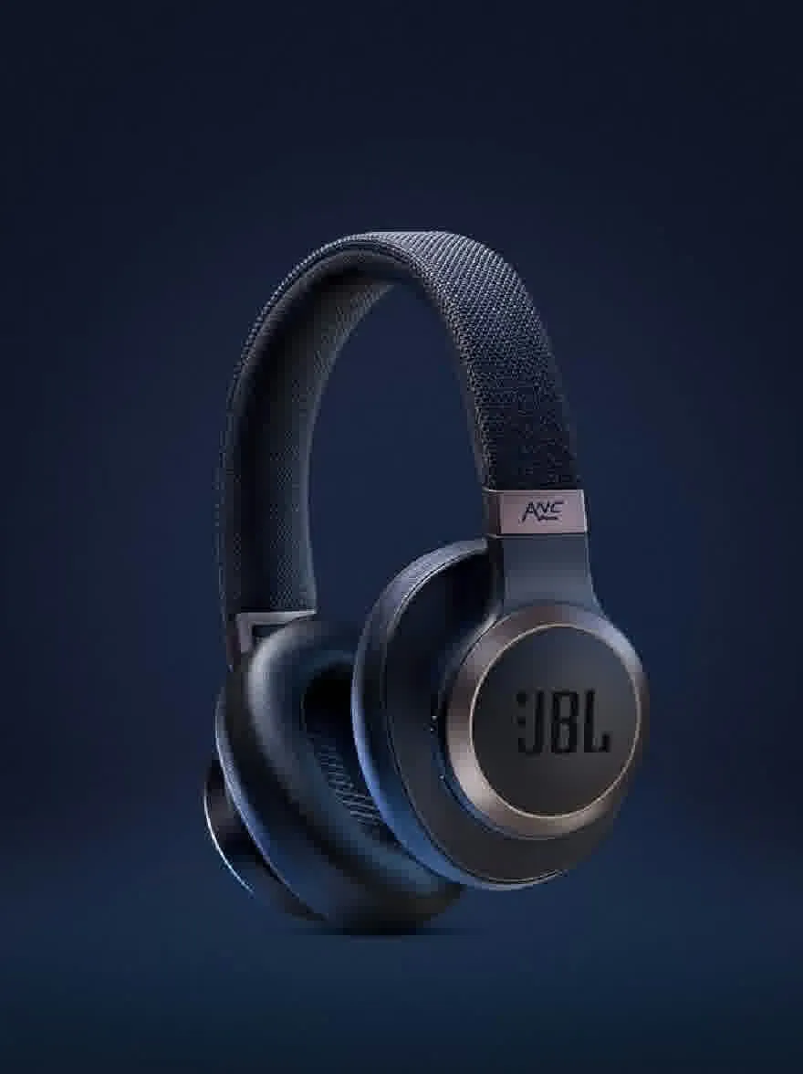 Русский промпт: На изображении показана пара беспроводных наушников JBL Tune 500BT в элегантном, современном дизайне с темно-синим фоном. Наушники имеют металлическую отделку и сетку текстуру. Название бренда «JBL» видно, что на передней части наушников в серебряных надписях. Изображение представляет собой снимок крупным планом, сосредоточенный на наушниках, с минималистичной, минималистской эстетикой. Освещение мягкое и равномерное, подчеркивая гладкий дизайн и минималистичный фон. | Original prompt: The image shows a pair of JBL Tune 500BT wireless over-ear headphones in a sleek, modern design with a dark blue background. The headphones have a metallic finish and a mesh-like texture. The brand name "JBL" is prominently displayed on the front of the headphones in silver lettering. The image is a close-up shot, focusing on the headphones, with a minimalistic, minimalist aesthetic. The lighting is soft and even, highlighting the sleek design and the minimalistic background.