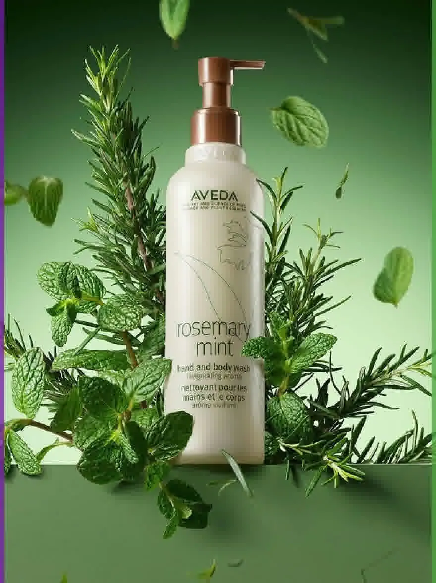 Русский промпт: Aveda Rosemary Mint Tand и мытья тела, расположенные на зеленом фоне со свежими мятными листьями, разбросанными вокруг нее. Бутылка белая с коричневым насосным дозатором, а логотип Aveda выставлен спереди. Фон является ярким зеленым с тонким градиентным эффектом. Изображение имеет чистую и минималистичную эстетику. | Original prompt: Aveda Rosemary Mint Hand and Body Wash, placed on a green background with fresh mint leaves scattered around it. The bottle is white with a brown pump dispenser and the Aveda logo is prominently displayed on the front. The background is a vibrant green with a subtle gradient effect. The image has a clean and minimalistic aesthetic.