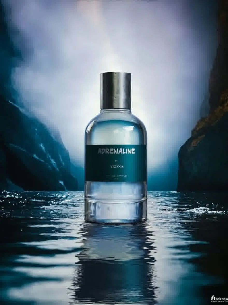 Русский промпт: Бутылка адреналина Аронии -э -э -э -э -э -э -э -э -э -э -э -э -э -э -э -э -э -э -э -э -э -э -э -эмо собой, бутылка адреналина Арония, расположенная в середине темной, отражающей поверхности. Бутылка изготовлена из прозрачного стекла и имеет серебряную крышку. Этикетка на бутылке синий и белый с брендом «Адреналин», написанной жирным шрифтом. Фон - драматическое, штормовое небо с темными скалами и слабым источником света, отражающего от воды. Изображение имеет водяной знак в правом нижнем углу. | Original prompt: A bottle of Adrenaline Aronia Eau de Toilette placed in the middle of a dark, reflective surface. The bottle is made of clear glass and has a silver cap. The label on the bottle is blue and white with the brand name "Adrenaline" written in bold black font. The background is a dramatic, stormy sky with dark cliffs and a faint light source reflecting off the water. The image has a watermark in the bottom right corner.